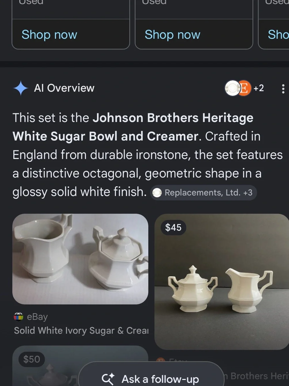 Johnson Brother Heritage White Ceramic Creamer and Sugar Set  no lid